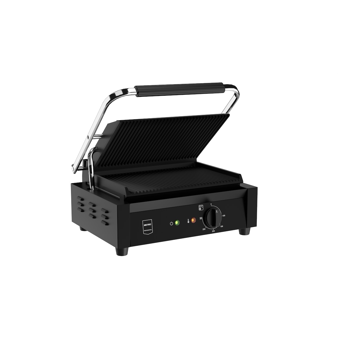 METRO PROFESSIONAL Plancha con panini grill individual GPG1201B, 43 x 36 x 20 cm, acero inoxidable, con bandeja recogegrasa, negro