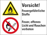 thumbnail of Schild I Kombischild mit Symbolen Vorsicht!Feuergef..., Kunststoff, 200x150mm, ASR A1.3, DIN EN ISO 7010 P003 und W021