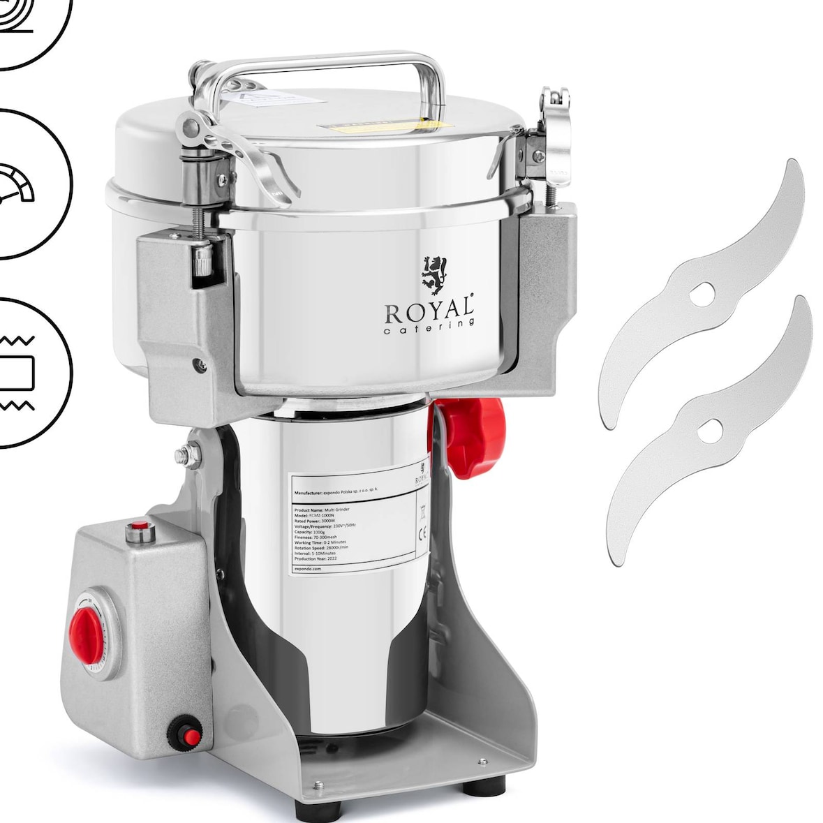 Royal Catering - Royal Catering RCMZ-1000N Moulin à Epices Electrique 1000g 20x9cm 3000W Multi-Hachoir Électrique Hachoir Herbes