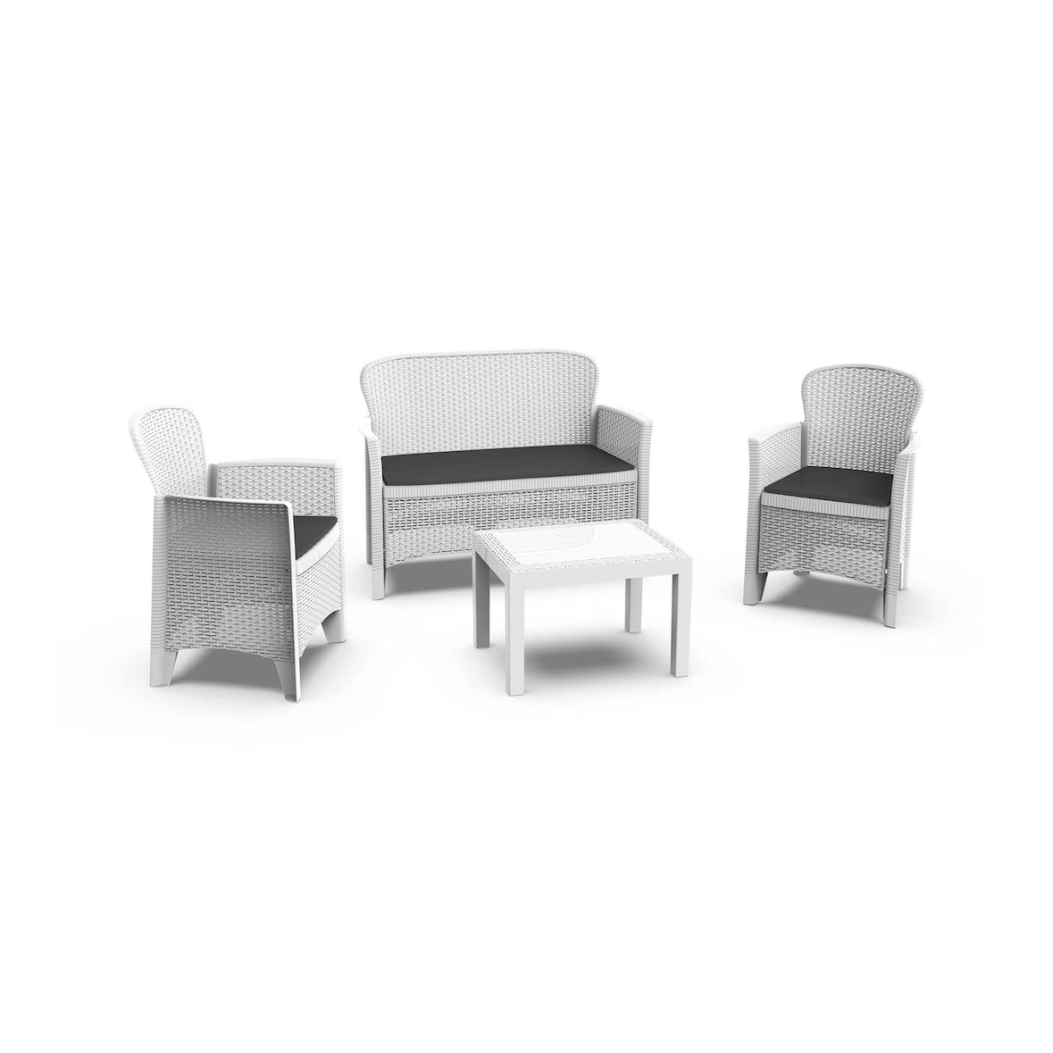 Dmora Set salotto da esterno Ostuni, Set da giardino con 2 poltrone, 1 divano ed 1 tavolino, 100% Made in Italy, Bianco
