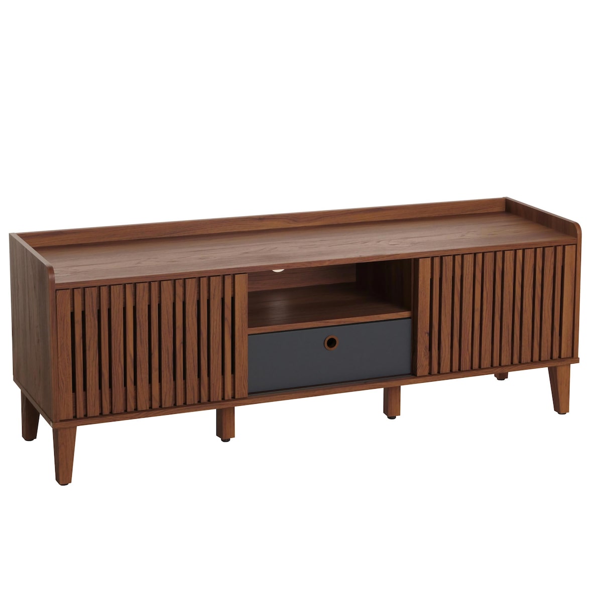 TV-Rack HWC-M48, Lowboard TV-Schrank, Schiebetür 56x150x40cm ~ Walnuss-Optik, Schublade dunkelgrau