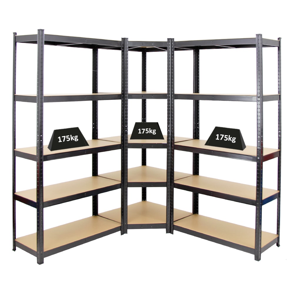 PROREGAL Mega Deal 1x étagère d'angle et 2x étagère robuste RAGNAR | HxLxP 180x90x40cm | Charge du compartiment 175kg | Noir | Étagère de garage