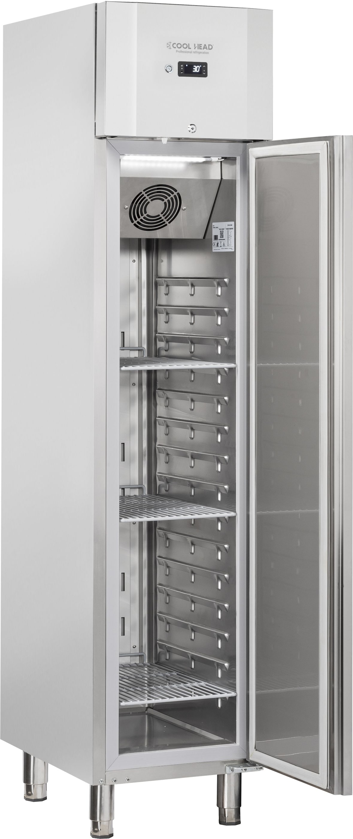 Cool Head Edelst.-Gefrier, 250 Liter. Heißes Gasauftauen. Gedruckte Anleitungen. T° -18°/-22°C. Dim. (LxWxH) 46,9x72,5x199 cm. Cool Head QN3