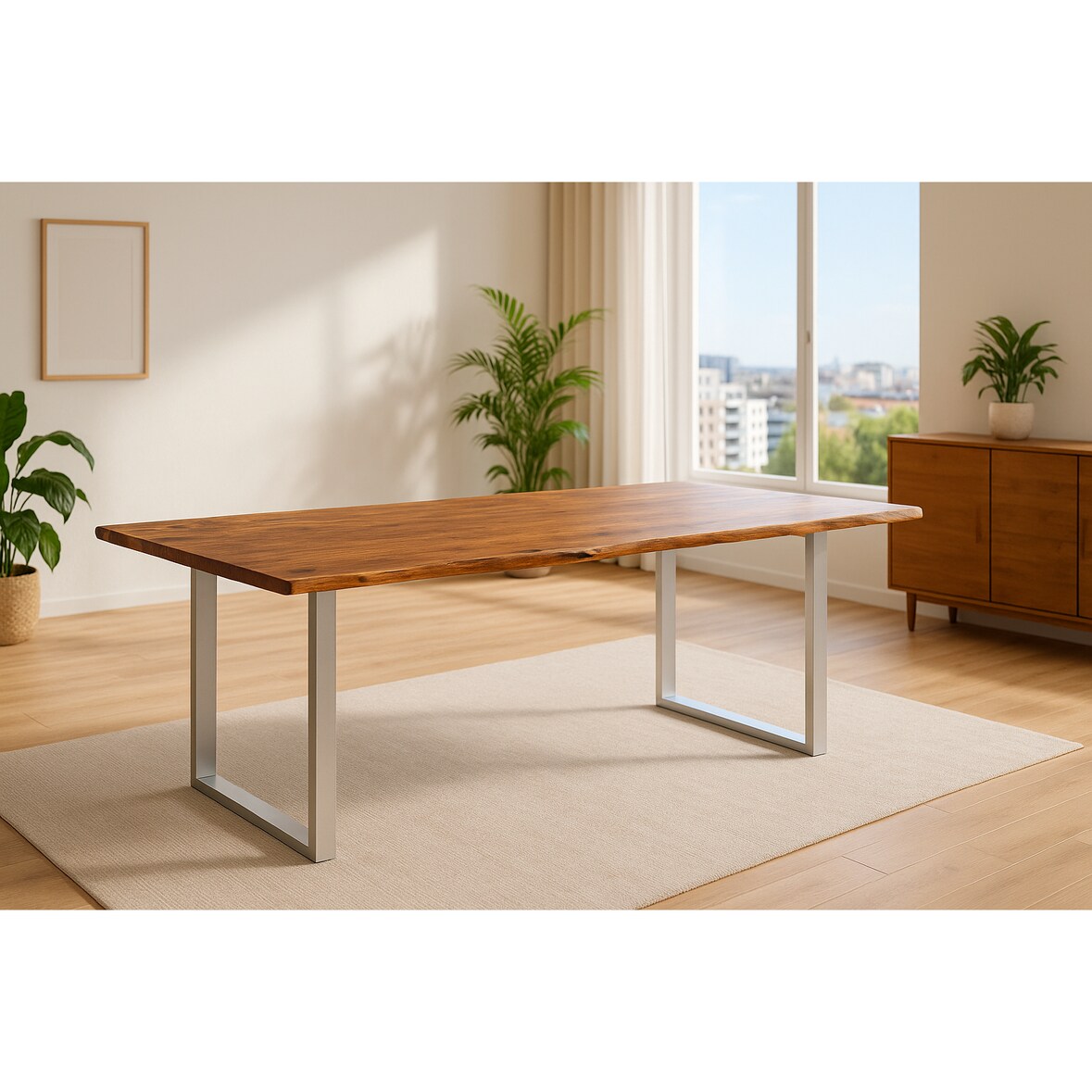 Esstisch Baumkante massiv Akazie nougatfarben 180 x 90 cm silber LAURINA