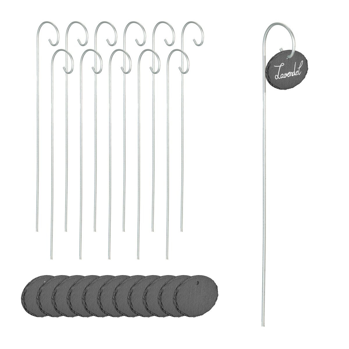 Relaxdays Schiefer Pflanzenschilder, 12er Set, zum Beschriften, wetterfest, Metallstab, Schiefertafel, anthrazit/ silber