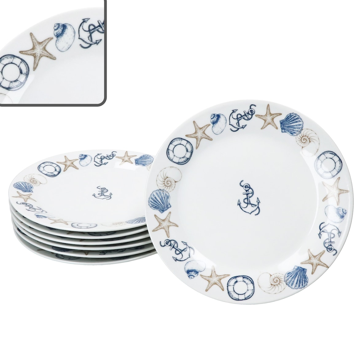 Neptun 6er Set Kuchenteller Porzellan 6 Pers Dessert-Teller maritim Anker