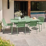 thumbnail of Set van tuintafel en 6 cactusgroene metalen stoelen