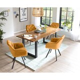 thumbnail of SalesFever Esstischgruppe 5-tlg., 180x90cm, Platte Akazie 26mm cognac, Metallgestell schwarz, 4 Armlehnstühle 360° drehbar Samt |senfgelb–schwarz