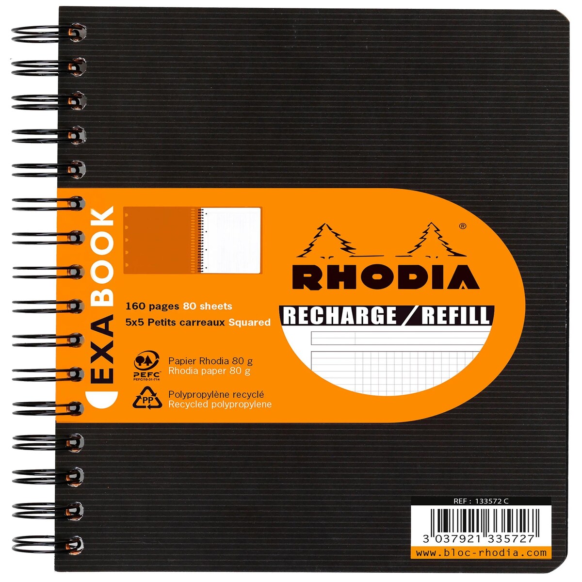 Rhodia 5x Nachfüllheft A5+ für Exabook Rhodiactive, Spiralheft, 80 Blatt kariert mit Rand/Rahmen und Kopfleiste 90g - Schwarz 133572C