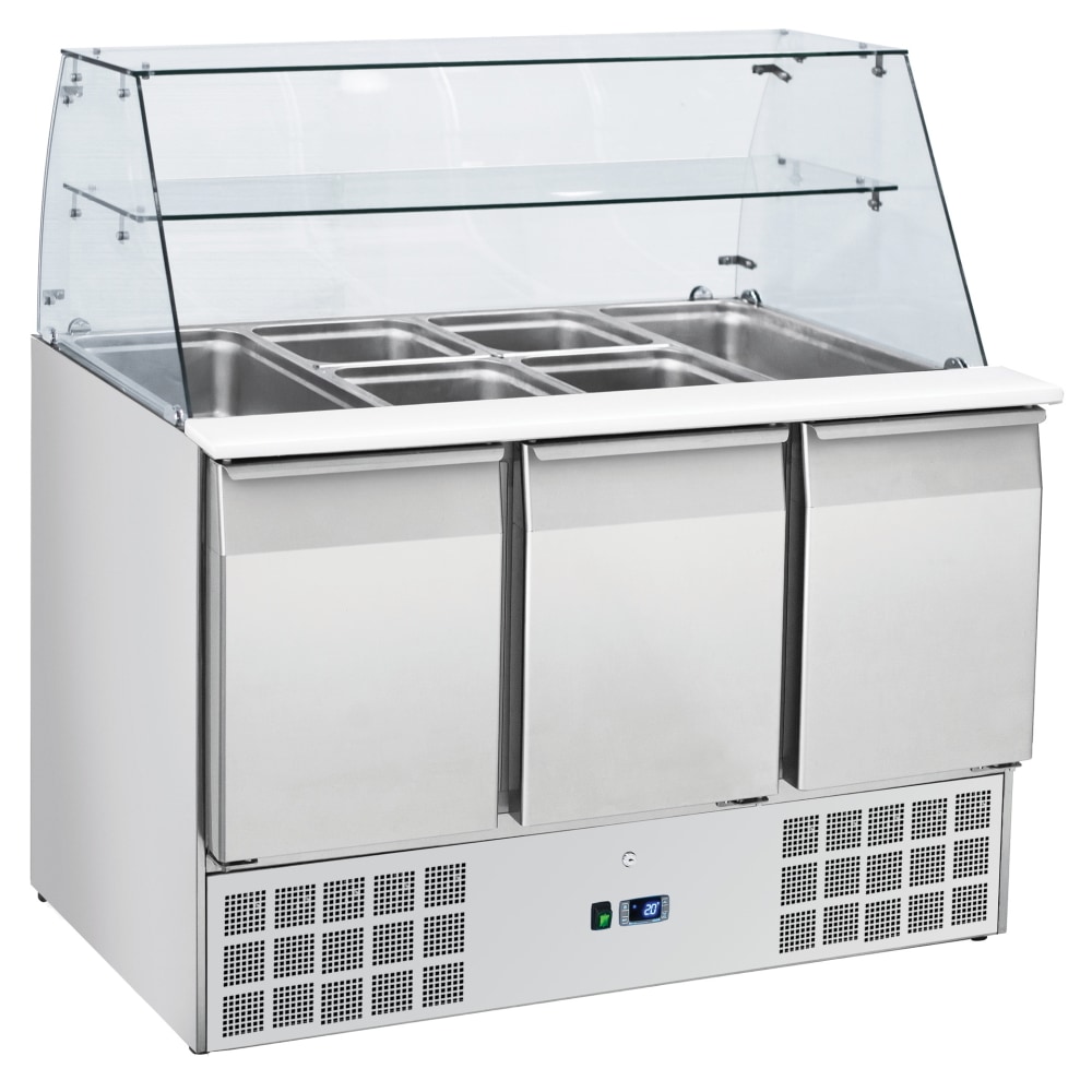 Mobile per preparazione insalate con vetrina 3 porte 3 griglie gn 1/1 con cubetti - 1365x700x1300 mm - 230 W 230/1V - 7CA39QRC Eurast