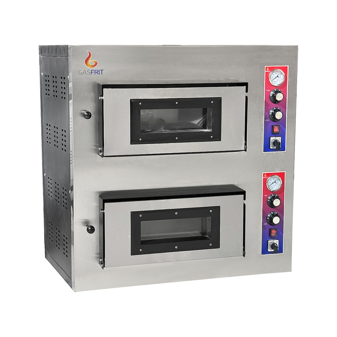 – Forno per Pizza Industriale a Gas 2 Bocche 4+4 x 26 cm con Base in Ceramica Refrattaria e Termostato di Qualità | Temperatura max 500°C