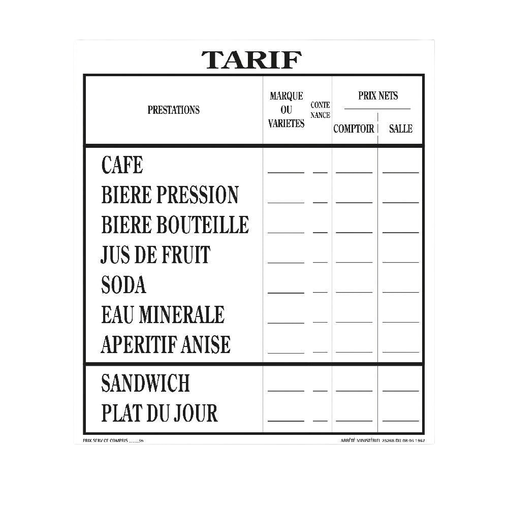 Affichage Tarif des Consommations (Extérieur)