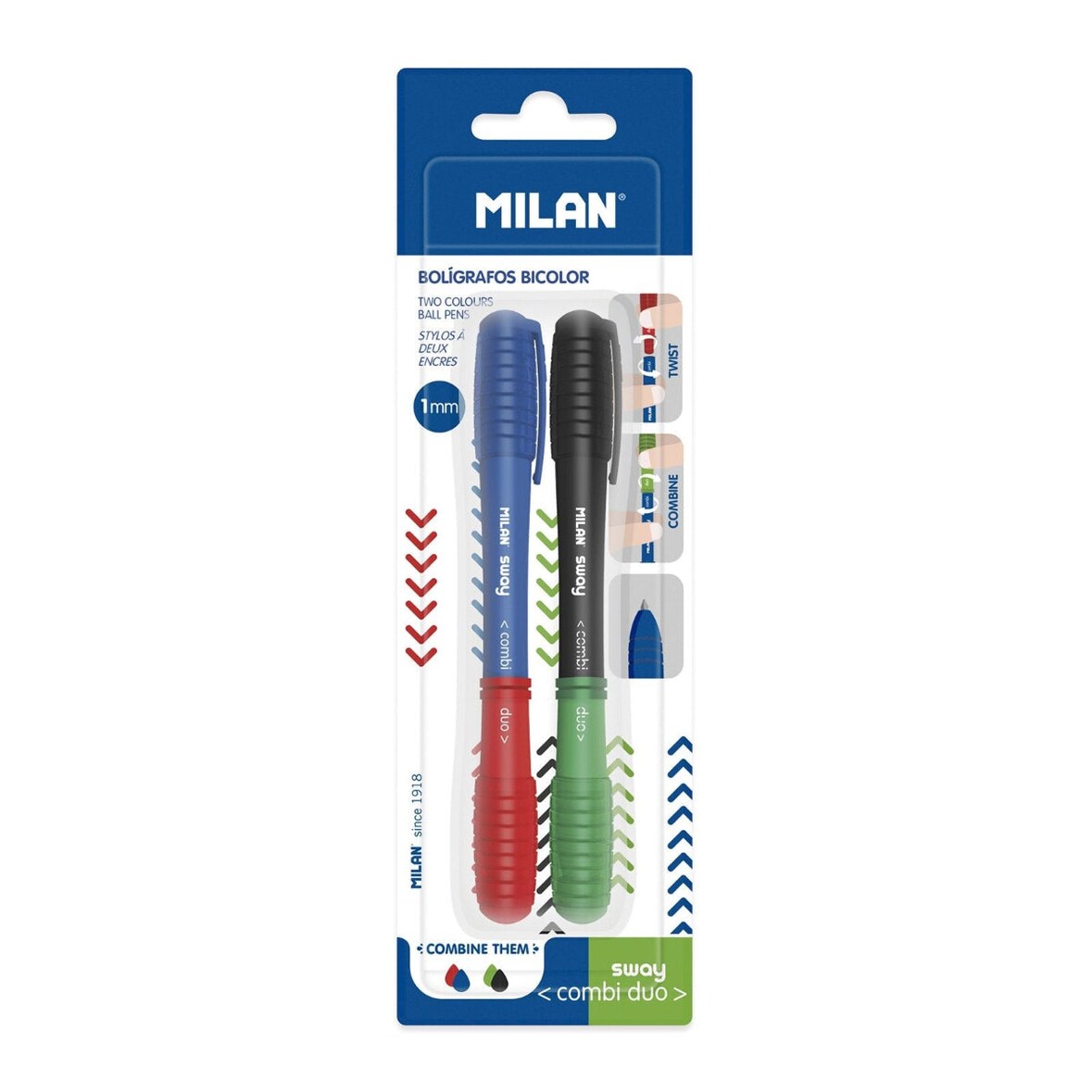 MILAN SWAY - Blíster 2 Bolígrafos Combi Duo con 4 Combinaciones Distintas de Colores