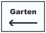 thumbnail of Garten Schild mit Text und Richtungspfeil links Blumen Rasen waagerecht A6 Rückseite selbstklebend