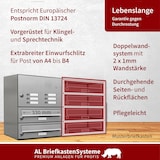 thumbnail of AL Briefkastensysteme 6 Fächer Premium Edelstahl Wand Briefkasten Anlage mit Klingeln, Post A4, modern, robust, wetterfest, Artikelnummer: 132T6EA1KS