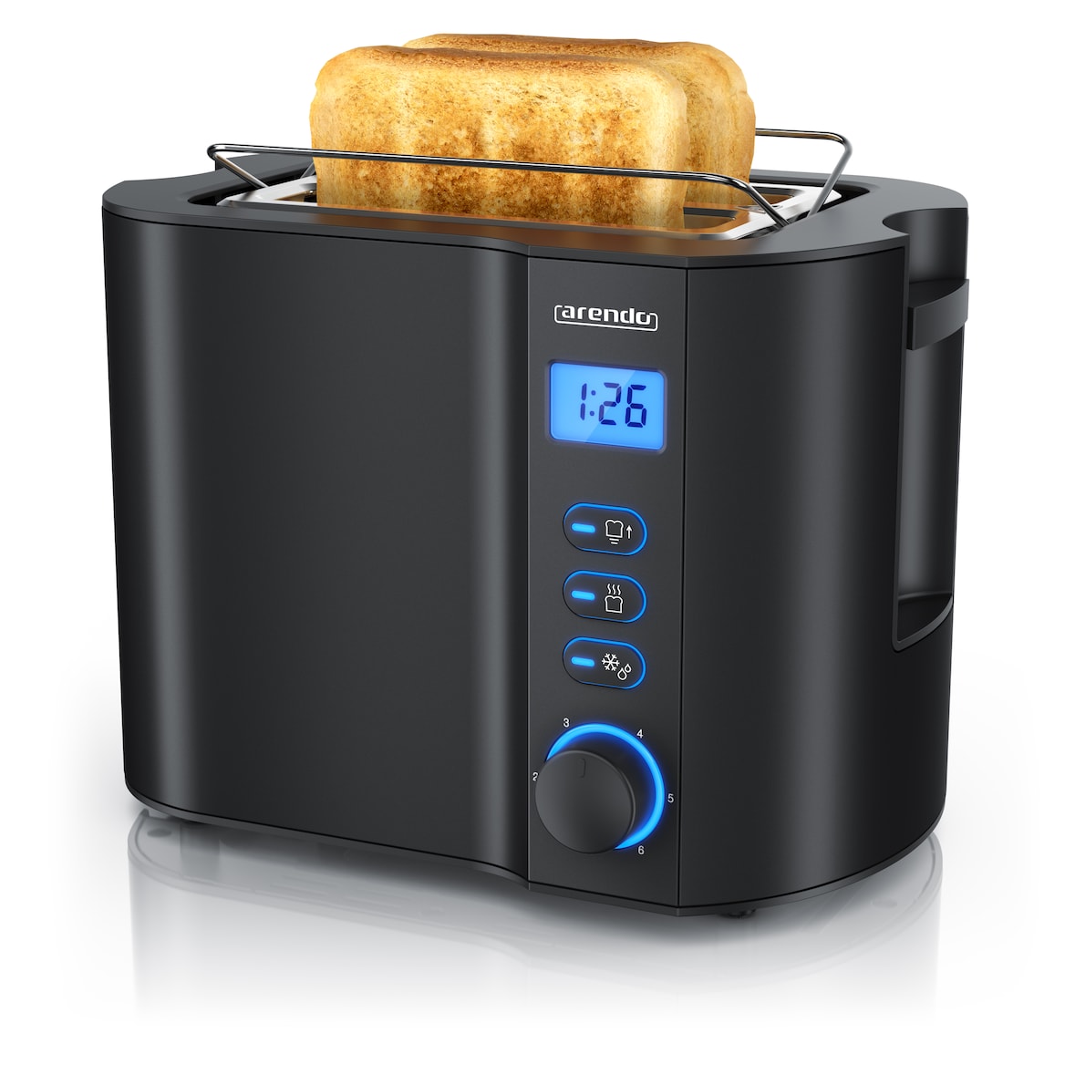 Arendo 2-Scheiben Toaster mit 6 Bräunungsstufen, LCD-Display mit Restzeitanzeige, 800 Watt, Auftaufunktion, Brötchenaufsatz, Schwarz