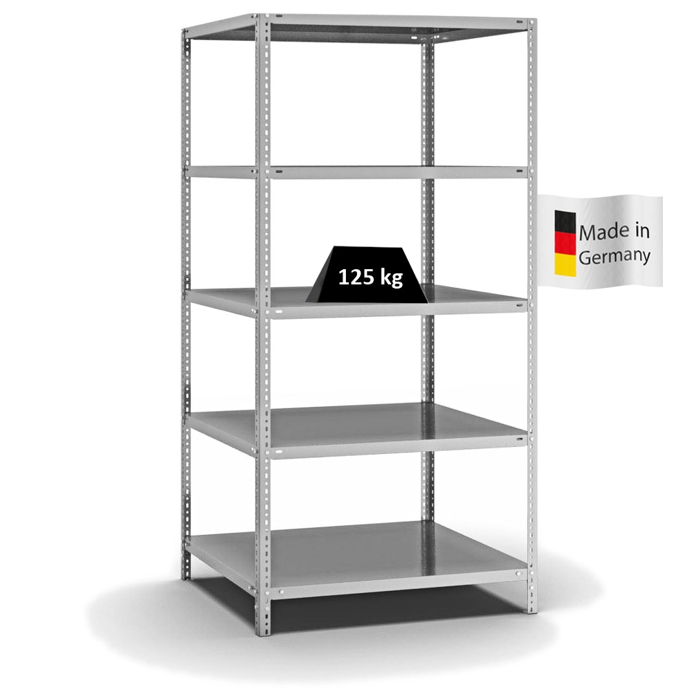 PROREGAL Fachbodenregal Schraubsystem | Grundregal | HxBxT 200x100x80cm | 5 Ebenen | Fachlast 125 kg | Beidseitig nutzbar | Verzinkt