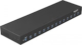 Ein schwarzer USB-Hub mit vielen Anschlüssen.