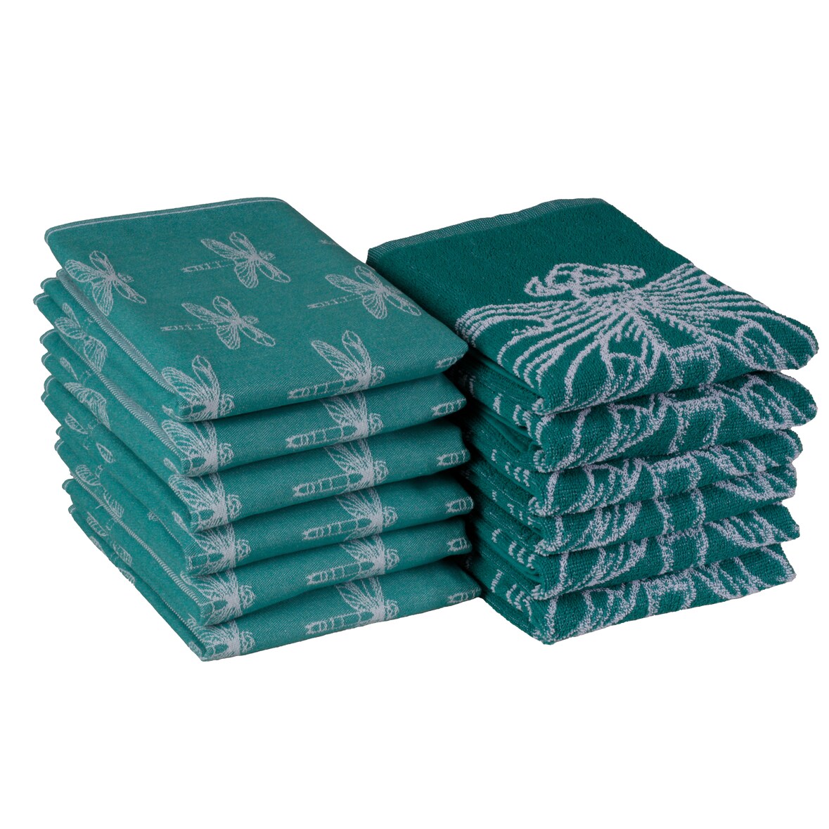 DoubleDry Theedoeken en Keukenhanddoeken Set 12 st - 100% katoen - smaragdlibel, groenblauw