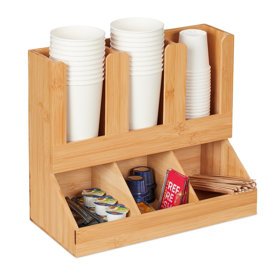 Relaxdays Kaffee Organizer, 6 Fächer, Bambus, HBT: 29,5 x 34,5 x 17 cm, Kaffeestation Milch, Zucker, Kaffeebecher, natur