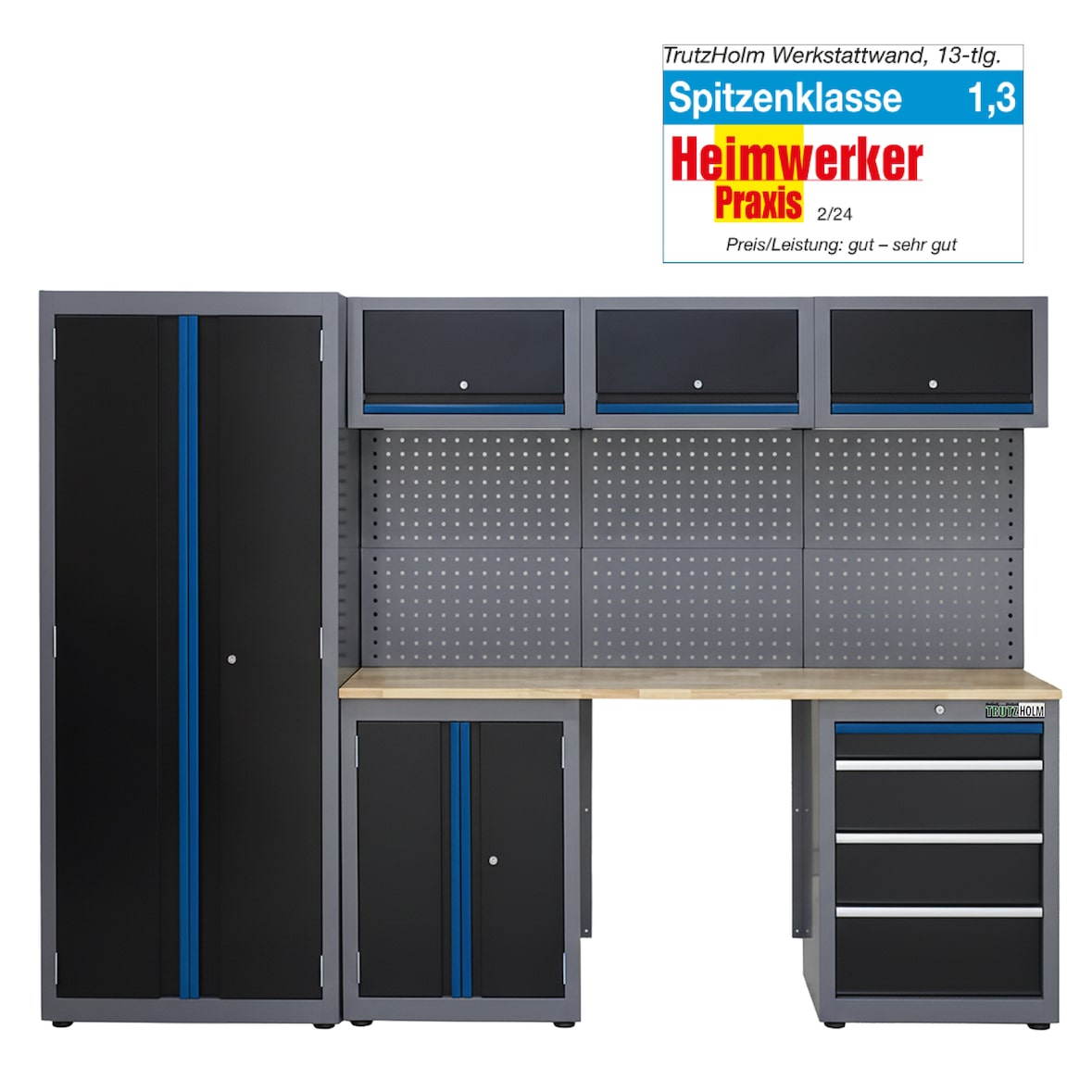 Werkstattwand 13-tlg. modulares Werkstattschranksystem aus Stahl mit massiver Holzarbeitsplatte blau