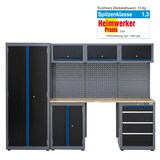 thumbnail of Werkstattwand 13-tlg. modulares Werkstattschranksystem aus Stahl mit massiver Holzarbeitsplatte blau