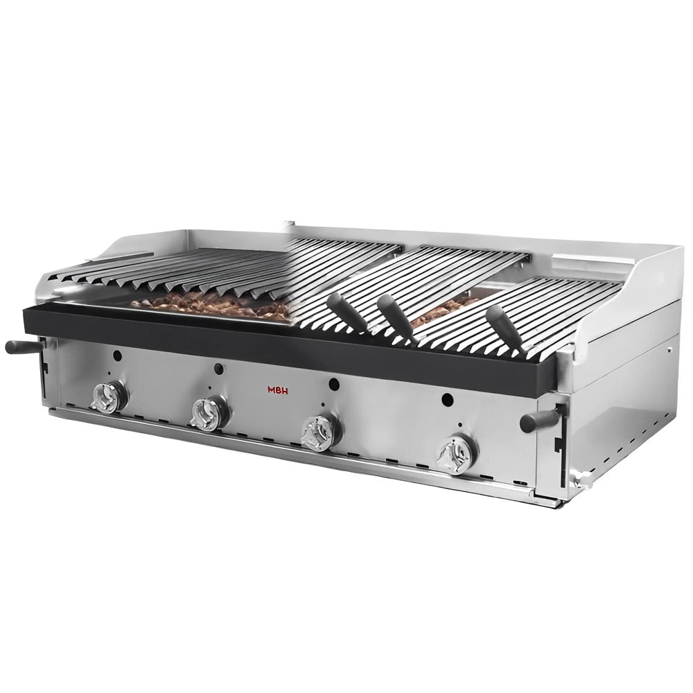 MBH - Griglia pietra lavica a gas 120 cm da banco professionale, griglie intere nere e tipo vasca per bar, ristoranti.