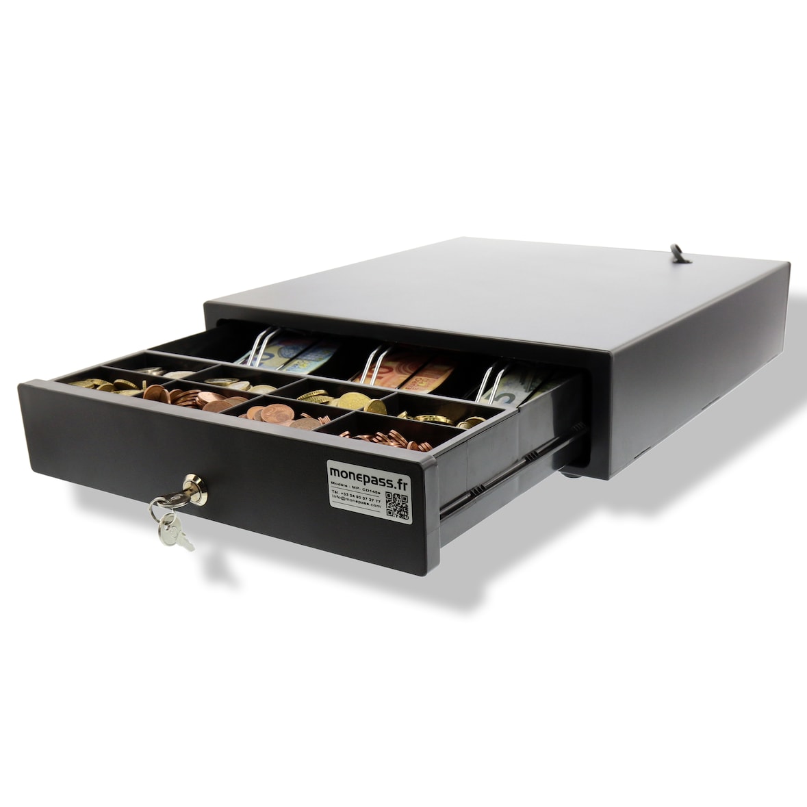 Monepass CD145e - 3B/8C - Cassetto cassa Low Duty con apertura automatica (tramite connessione stampante RJ) o apertura manuale tramite (tasti)