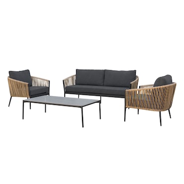 METRO PROFESSIONAL Conjunto de sofá para exterior 4 peças, alumínio/ rattan PE, 1 sofá de 2 lugares, 2 poltronas, 1 mesa, cinzento escuro