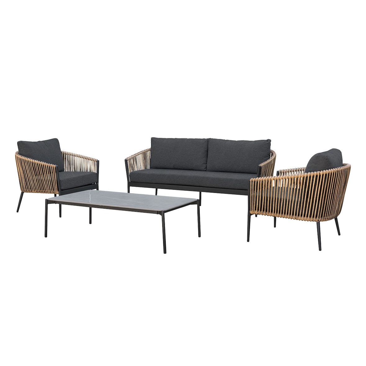 METRO Professional Set de terrasse TRIBU  4 pièces, aluminium / rotin PE, 1 x banquette 2 places, 2 fauteuils, 1 table, gris foncé