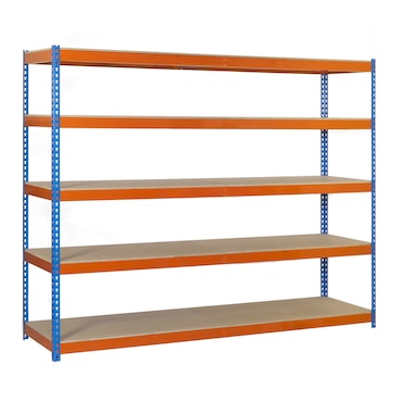 SimonRack Estante industrial, 2000x1200x450 mm, 400 kg no ponto de flexão, 5 prateleiras de madeira, Azul/Laranja/Madeira- Ecoforte