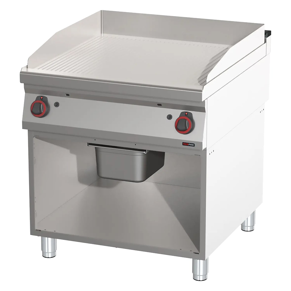 Gastro Gas-Griddleplatte Standgerät mit Unterbau Grillplatte Bratplatte aus Stahl/gerillt 800x900x900 mm Edelstahl 16 kW