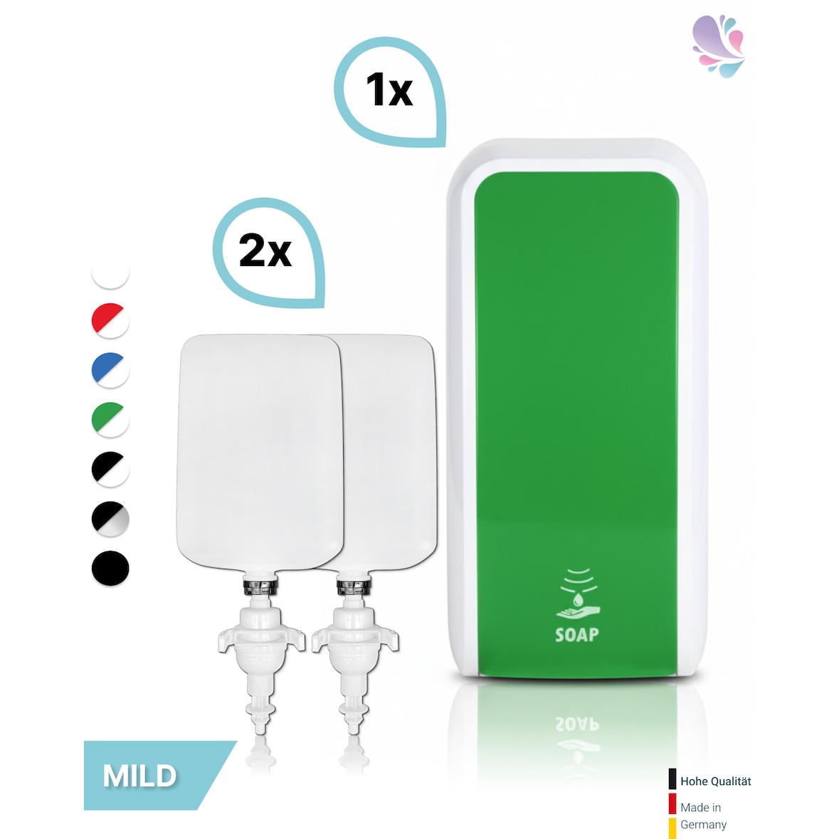 SET: Schaumseifenspender SENSOR, berührungslos Blanc Cosmos versch. Farben+2x 1-Liter Schaumseife mild - PRODUKTSET : Farbe - Grün / Weiß