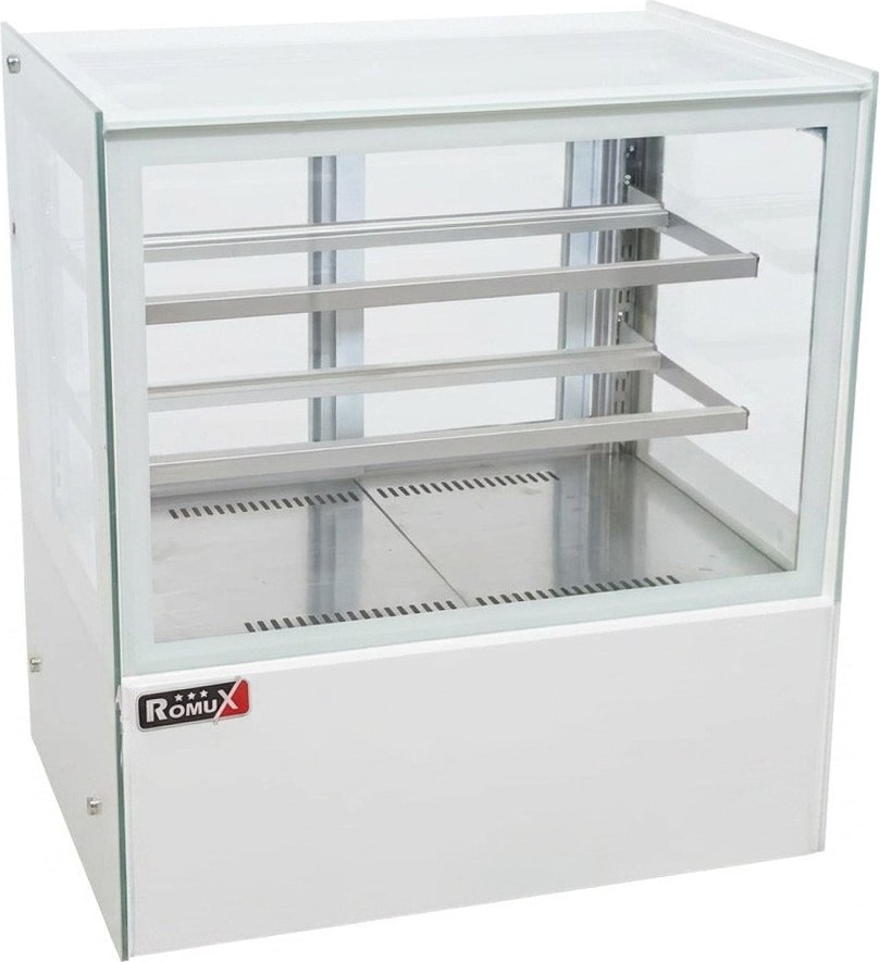 Romux® Kühlvitrine für Konditorei Quadratisch Tischgerät 2 Böden Weiß 350 Liter Umluftkühlung | Kühlvitrine Gerade Glasscheiben