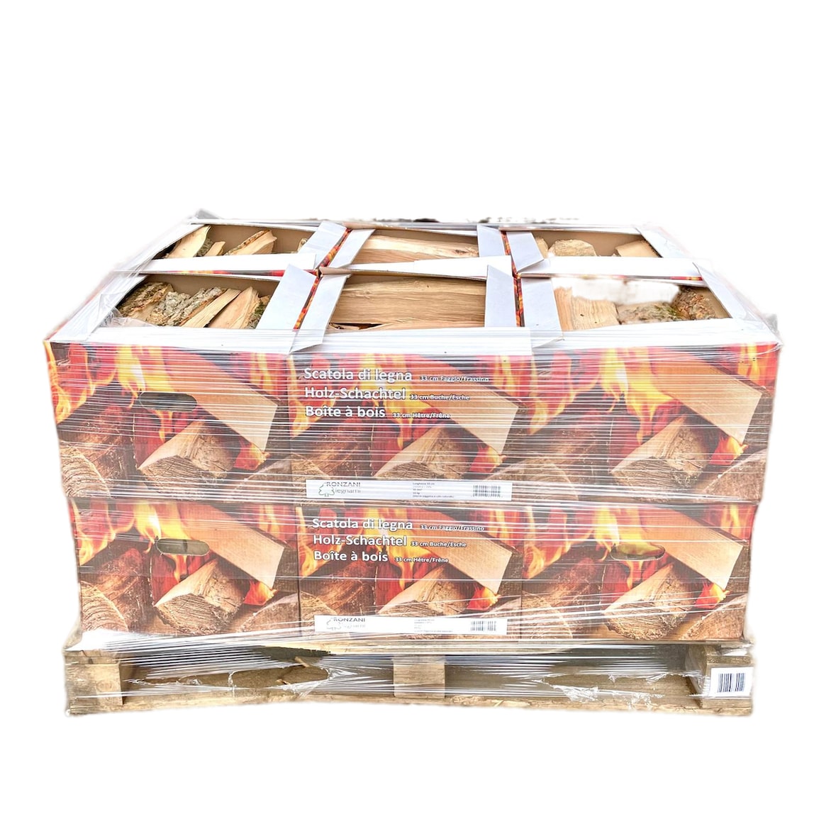Legna da ardere di faggio e frassino in scatola. Bancale cm 120x80x65 contenente 12 scatole da 15 kg cadauno.
