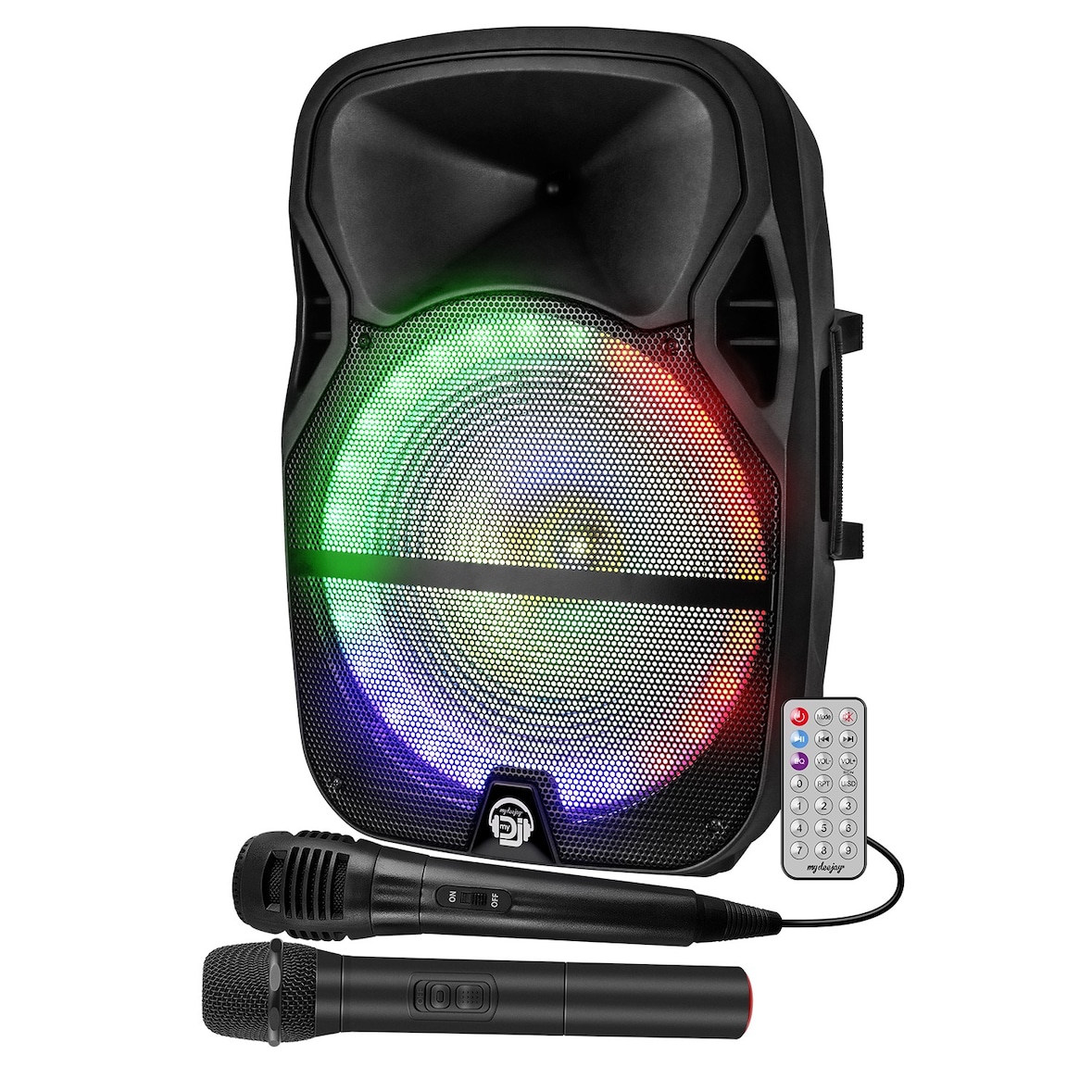 Enceinte sono MyDeejay MDJ15 Ring LED - Reconditionné / occasion RVB 700W 15" USB, BT, TWS, Micros VHF et filaire, Télécommande