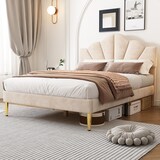 thumbnail of Luxuriöses Polsterbett 90x200 Beige mit verstellbarem Kopfteil, goldenen Eisenbeinen, stabilem Massivholzrahmen und Stauraum