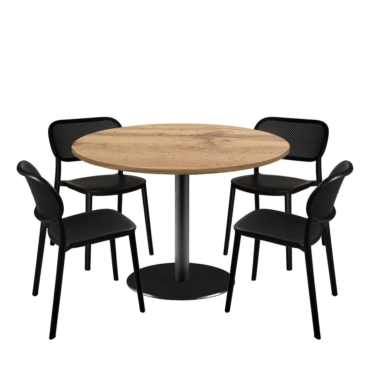 Restootab - Lot de 1 table Ø120cm et 4 chaises - pied noir plateau chêne armor