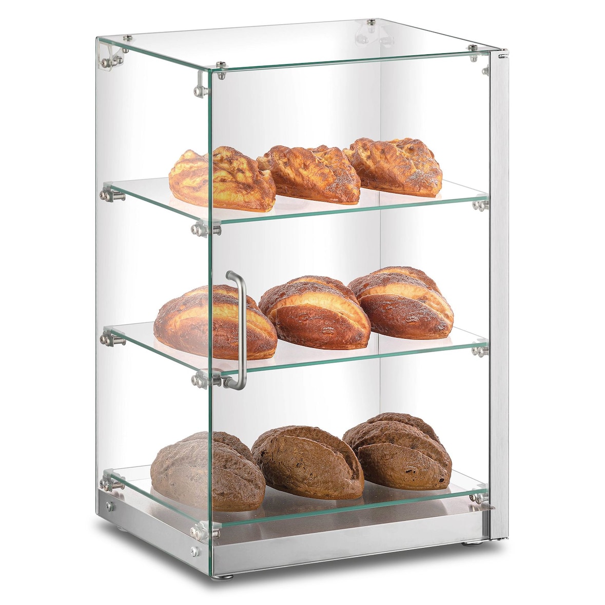 Vetrina snack neutra in acciaio e vetro con 3 ripiani. Misure (LxPxH) 40,6x34x61,8 cm. Modello CRN30