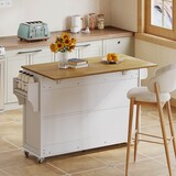 thumbnail of Kücheninsel Weiß-Natur 140x70x91 cm mit klappbarer Arbeitsplatte, 4 Türen, 3 Schubladen, Handtuchhaltern und 360-Grad-feststellbaren Rollen