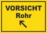thumbnail of Vorsicht Rohr mit Richtungspfeil links oben Schild A3 (297x420mm)