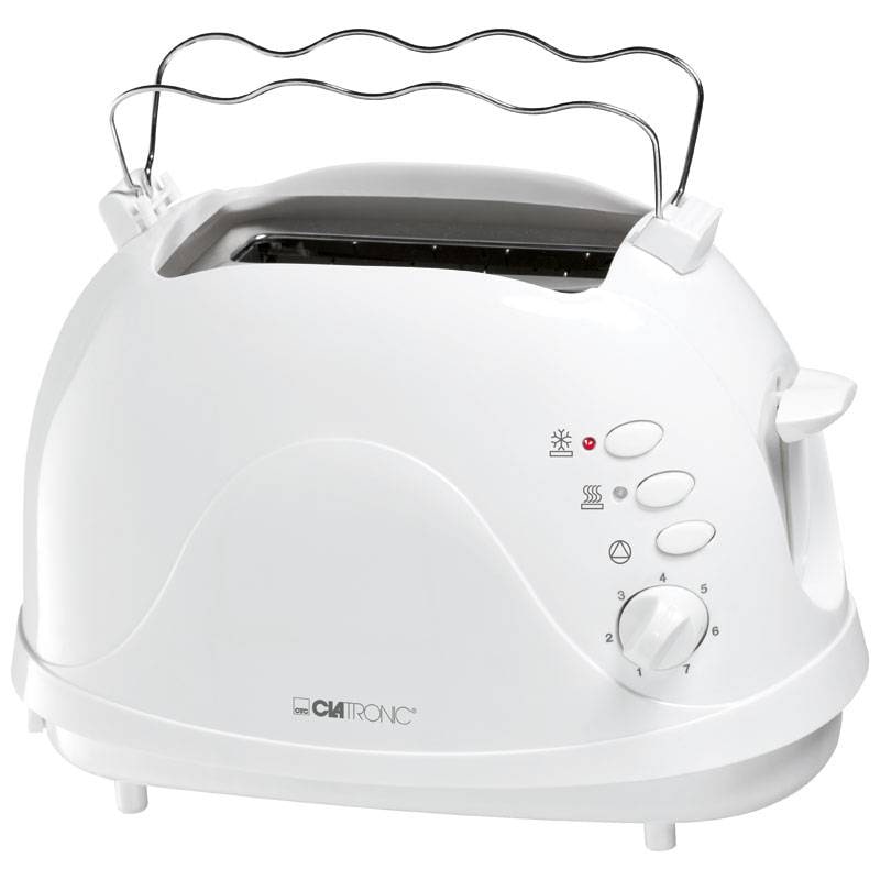 Clatronic TA 3565 Tostadora Pan, 2 Rebanadas, Regulador Nivel Tostado, 3 Funciones, Calienta Panecillos Recogemigas, Blanco, 700W