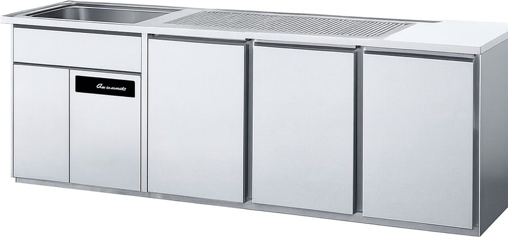 Biertheke PREMIUM – 2500 x 700 mm – 3 Türen – 2 Becken links