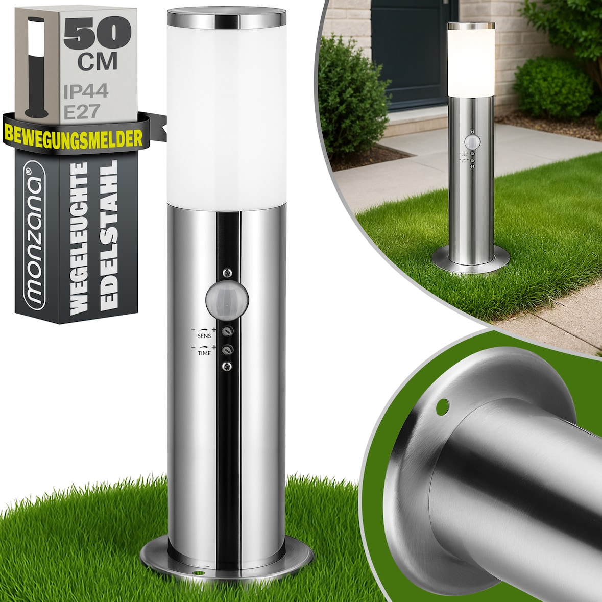 MONZANA® Außenleuchte mit Bewegungsmelder IP44 Wetterfest Silber E27 Anthrazit 50cm Außen Wegeleuchte Standleuchte