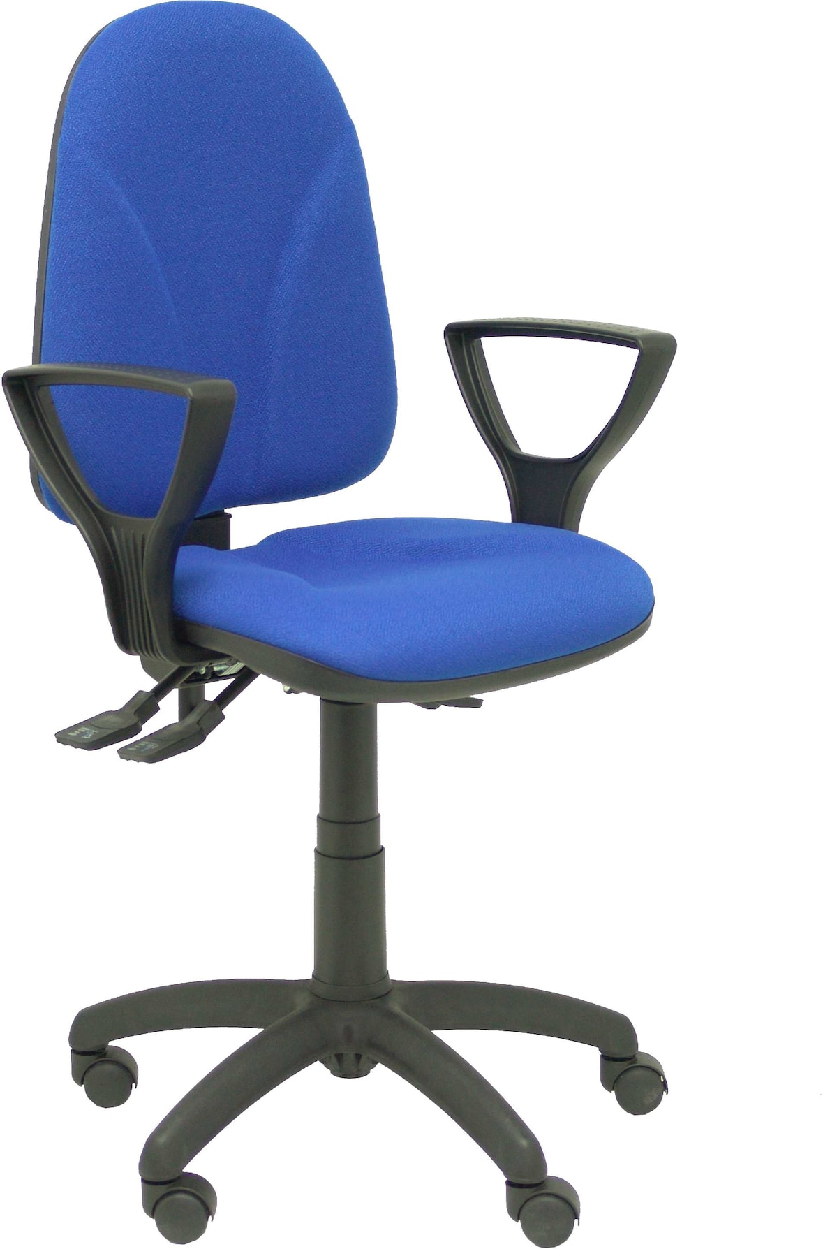Cadeira Algarra com mecanismo giratório e tecido BALI azul. Espuma com forma anatómica. Braços fixos incorporados de série.