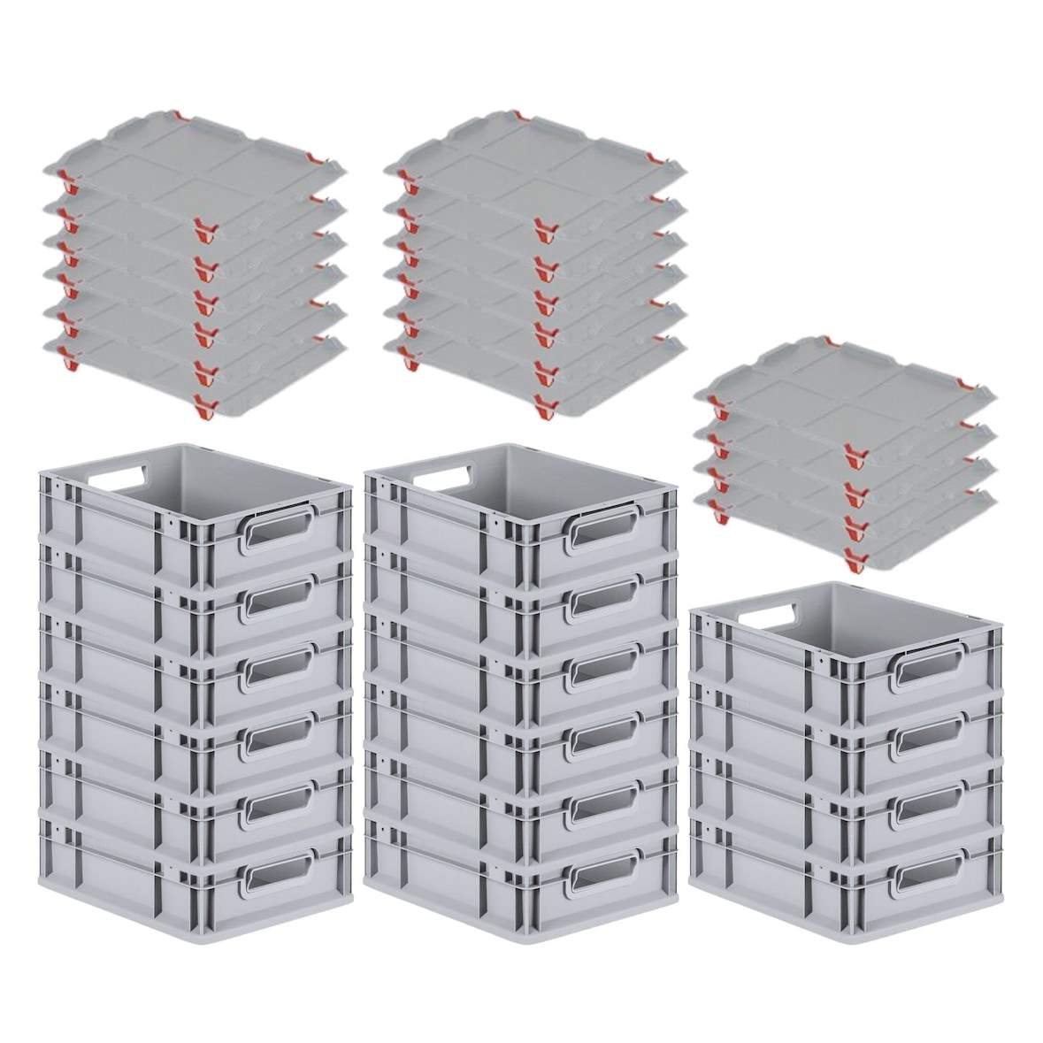 PROREGAL SuperSparSet 16x Eurobox NextGen Grip mit Auflagedeckel & 4 roten Verschlüssen, HxBxT 12x30x40cm, 11L, Grau, Griffe offen, Eurobehälter