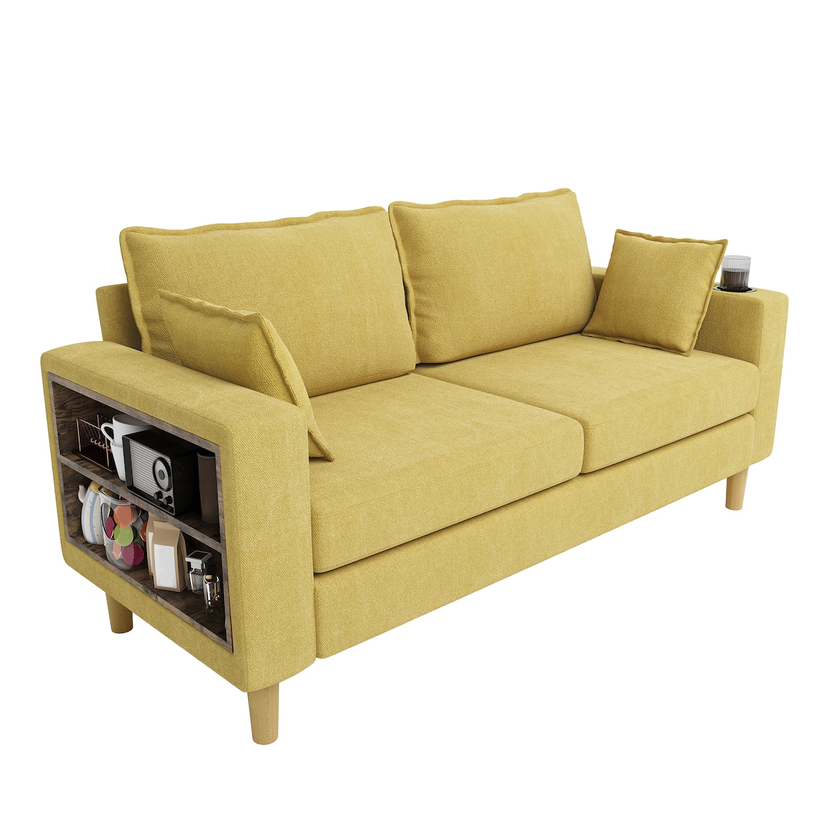 Zweisitzer-Sofa Chenille senfgelb 173x68x77 cm mit Stauraum, Getränkehaltern, Seitentaschen und 2 Rückenkissen