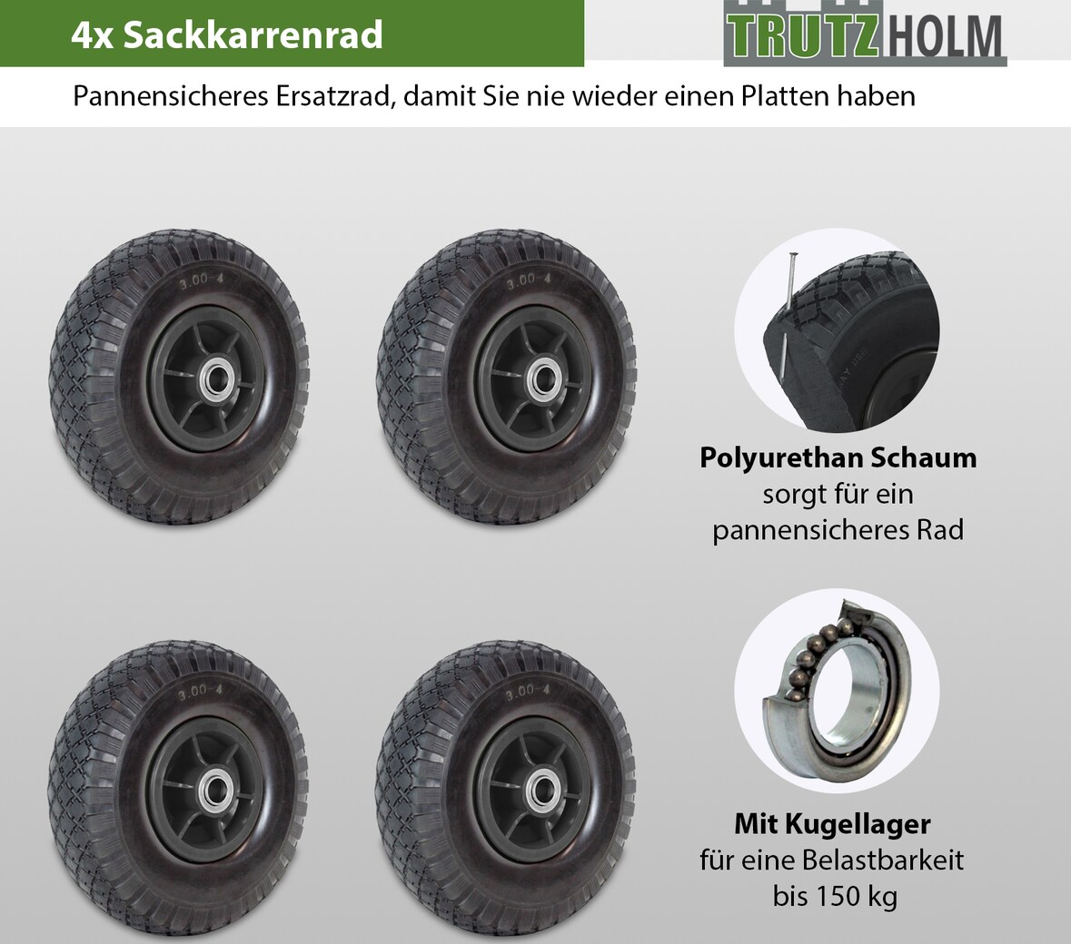 4x Sackkarrenrad PU-Rad 260x85 mm 3.00-4 60 mm versetze Nabe Ø 20 mm schwarz Vollgummi Bollerwagen