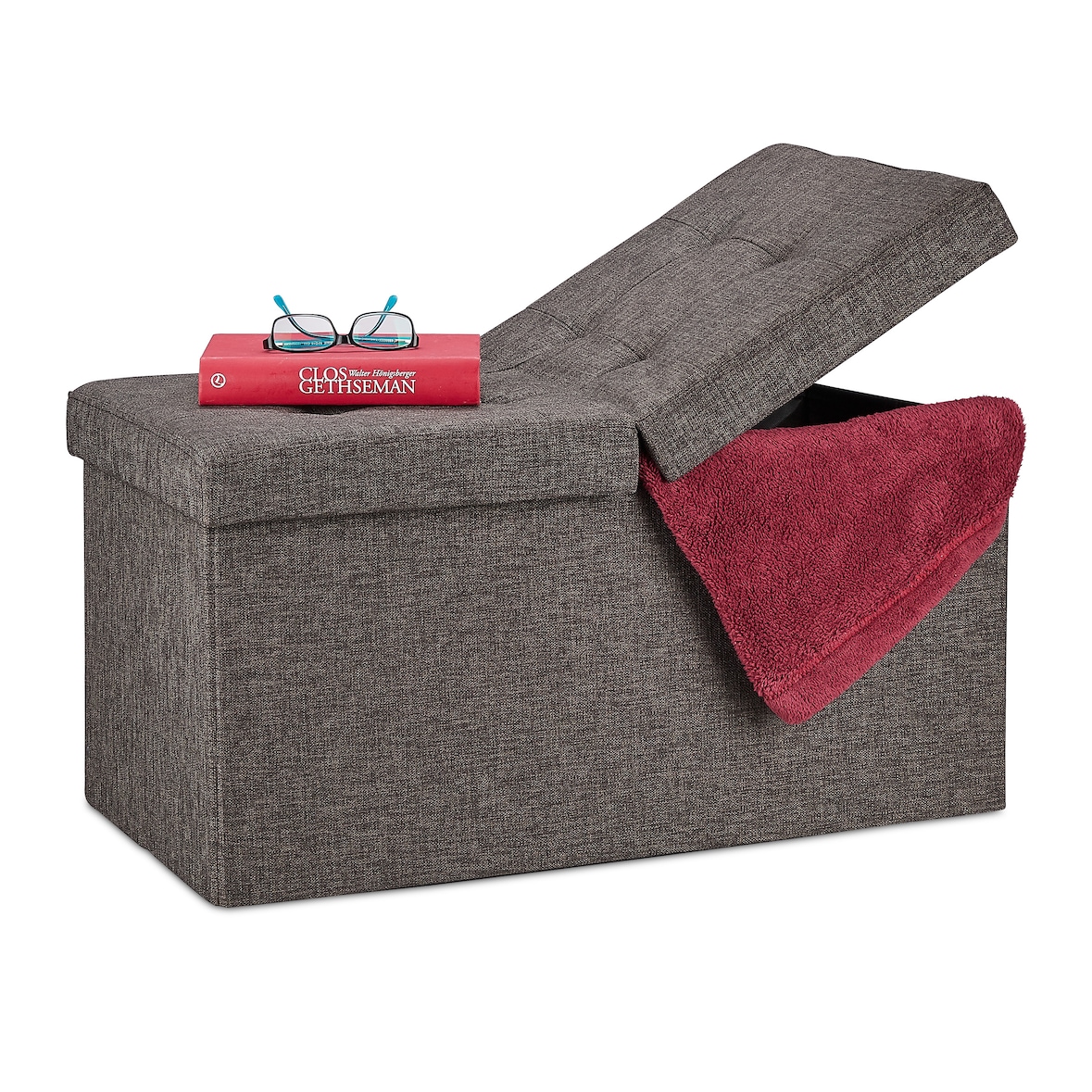 Relaxdays Sitzbank, mit Stauraum, faltbar, gepolstert, klappbarer Deckel, Flur, Wohn- & Schlafzimmer, Truhenbank, braun