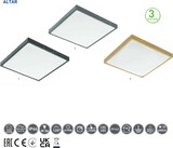 Drei quadratische Deckenleuchten in verschiedenen Rahmenfarben.